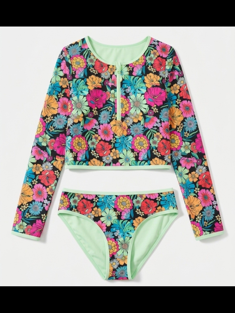 Limited Too Floral Long-Sleeve Rashguard Set in Black, Pink & Mint